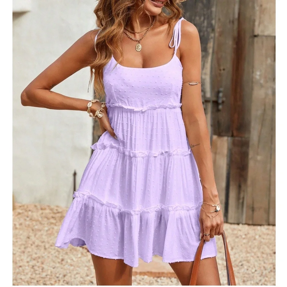 Swiss Dot Shoulder Tie Ruffle Hem Mini Dress - Picture 6 of 8